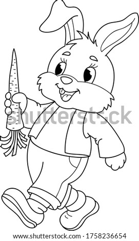 Coloring page outline of cartoon cute rabbit with carrot. Colorful vector illustration, summer coloring book for kids.