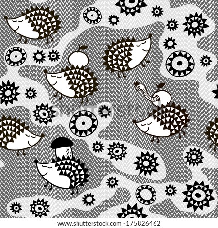 Monochrome seamless pattern with cartoon hedgehogs.Kids vector background.  
