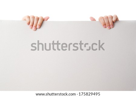 Gesture of hand holding a blank white paper isolated over white background