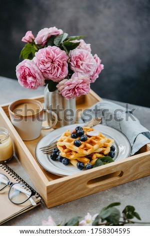 Homemade waffles with  blueberries and honey for breakfast Royalty-Free Stock Photo #1758304595