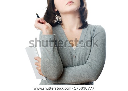 Business woman with pen on white background.