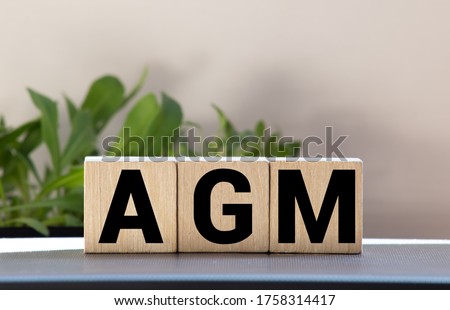 AGM Annual general meeting acronym on wooden cubes on blue backround. Business concept. Royalty-Free Stock Photo #1758314417