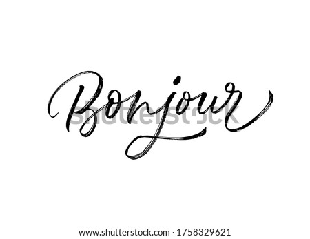Bonjour black brush vector calligraphy isolated on white background. Hand drawn ink lettering. Hello phrase in French. Modern brush calligraphy. T shirt decorative print. 