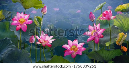 Pink lotus banners, 
oriental floral background with pink lotus flowers Royalty-Free Stock Photo #1758339251