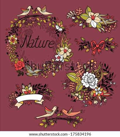 Vintage nature graphics with wreath and birds