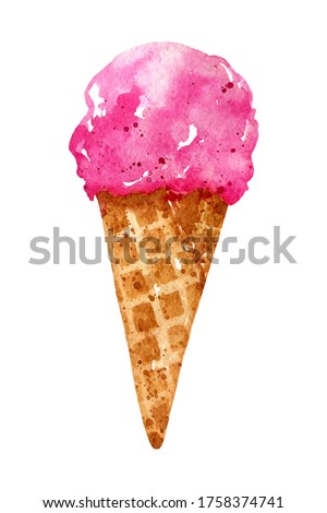 Bright pink ice cream in a waffle cone isolated on white background. Watercolor hand-drawn illustration. 
Perfect for your project, cards, prints, covers, menu, patterns.