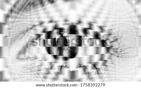 Surreal eye of a young girl covering geometric background with checkered texture - Abstract illusion