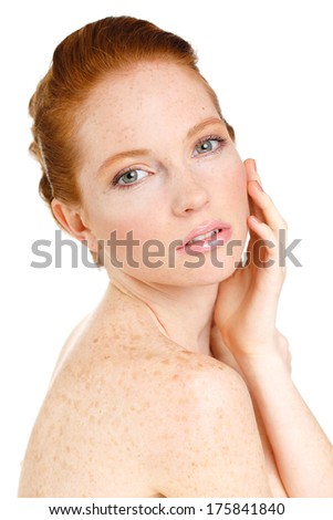 portrait of Beautiful woman touching her face. Woman with Fresh Clean Skin, Beautiful Face. Pure Natural Beauty. Perfect Skin. Isolated on a White Background. 