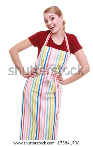 Funny housewife wearing kitchen apron or small business owner entrepreneur barista shop assistant. studio picture isolated on white