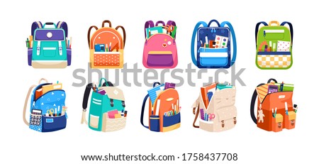 Set of childish school backpacks and schoolbags vector illustration. Collection of various kids bags with stationery, notebooks and textbooks isolated on white. Stylish accessories different shapes Royalty-Free Stock Photo #1758437708
