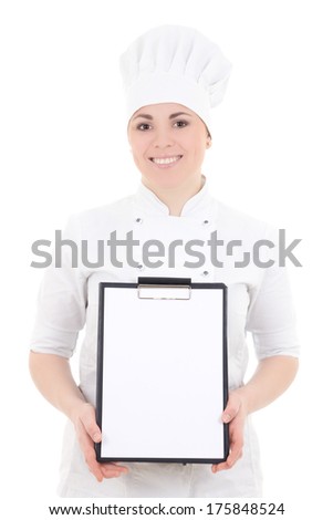 portrait of young cook woman in uniform holding clipboard isolated on white background