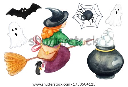 Cute Watercolor set halloween party. Happy Halloween design element.Cute halloween icons, badges and objects. Hand drawn halloween set illustrations isolated on white background