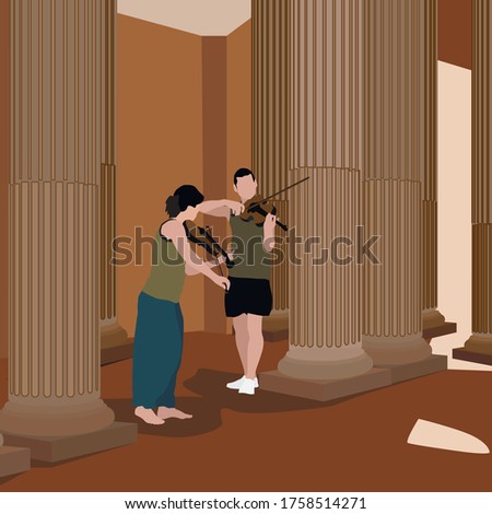 vector illustration girl with a guy playing the violin, street game