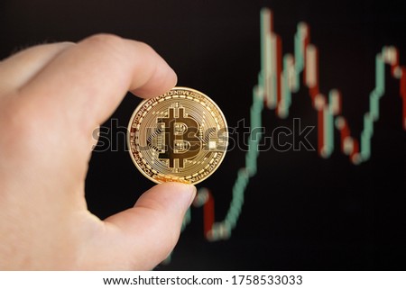 a hand holds a Bitcoin coin before a chart
