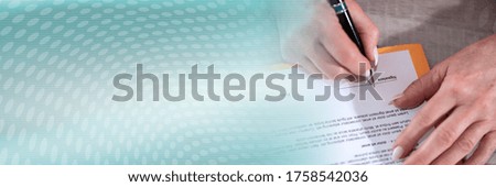 Hand of businesswoman signing a contract; panoramic banner