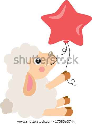 Cute lamb sitting holding a star shaped balloon