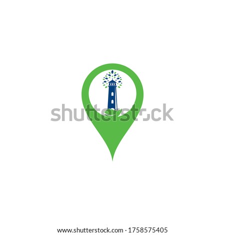 Green lighthouse map pin shape concept logo template design. Leaf and Lighthouse Logo Template