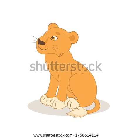 Cartoon lion sitting on the white background. Cute happy young  kind lioness vector illustration. Animals character.