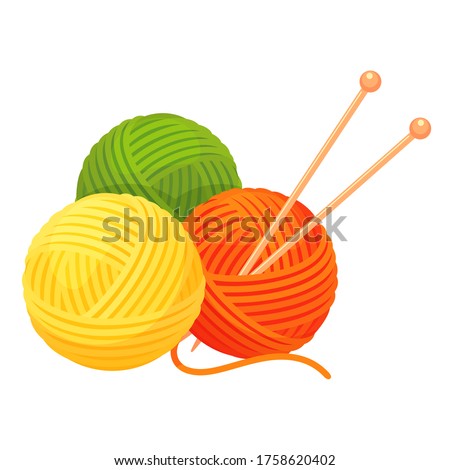 Balls of yarn with knitting needles. Clews, skeins of wool. Tools for knitwork, handicraft, crocheting, hand-knitting. Female hobby. Vector cartoon illustration isolated on white background. Royalty-Free Stock Photo #1758620402