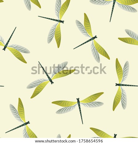 Dragonfly ornamental seamless pattern. Repeating dress fabric print with flying adder insects. Close up water dragonfly vector wallpaper. Wildlife beings seamless. Damselfly silhouettes.