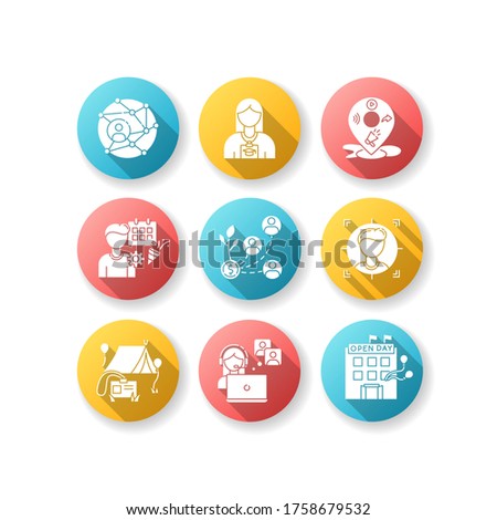 Networking flat design long shadow glyph icons set. Global networking. Corporate communication. Intern in company training. Promotion through local mass media. Silhouette RGB color illustration