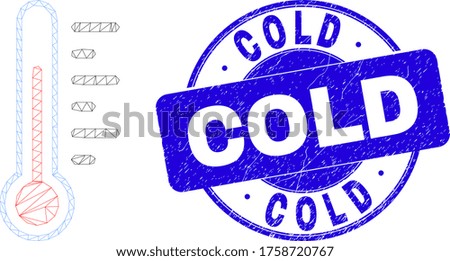 Web carcass thermometer icon and Cold seal stamp. Blue vector round grunge seal stamp with Cold message. Abstract frame mesh polygonal model created from thermometer icon.