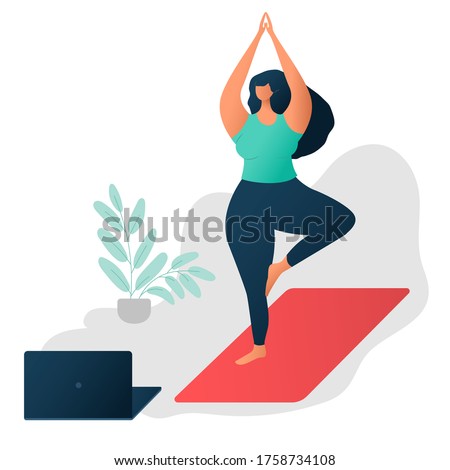 Body positive concept. on-line Yoga and wellness concept. Happy yoga plus size girl. Attractive overweight woman. For Fat acceptance movement no fatphobia. Beautiful plus size girl in yoga pose