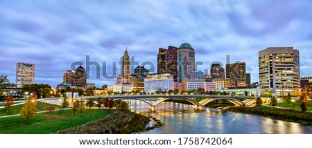 Cityscape of Columbus above the Scioto River in Ohio, United States