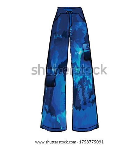 Girls denim trousers with water color texture effect. Fashion illustration apperal