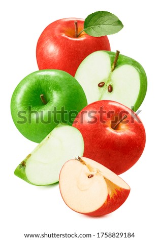Red and green apples isolated on white background for vertical layouts. Package design element with clipping path