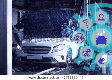 Car wash, full service related icons. Automobile undergoing automatic cleaning