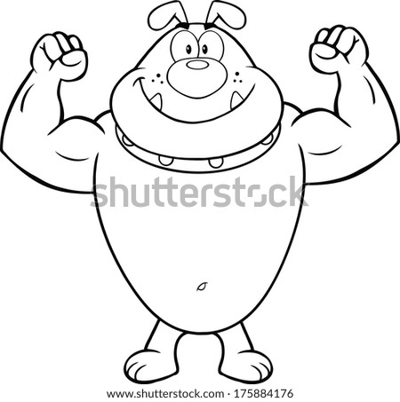 Black And White Smiling Bulldog Cartoon Mascot Character Showing Muscle Arms. Vector Illustration Isolated on white