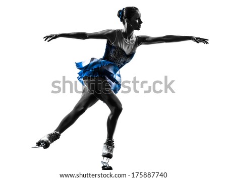 one caucasian woman ice skater skating in silhouette on white background