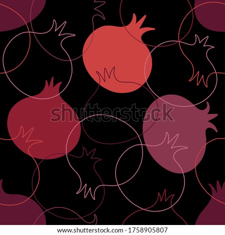 Seamless pattern with pomegranates on black. Vector. Food art background.