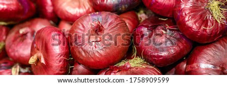 a pile of vegetables red salad onions as background. banner
