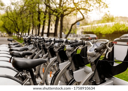 Row of free city electric bikes in the street with green trees background