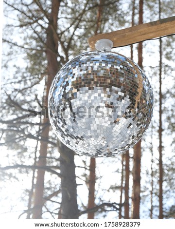 unusual party outside the house. disco ball. fun in the forest