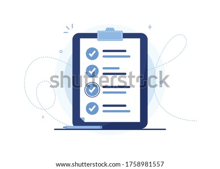 Clipboard vector illustration of a to-do list with pen. Page of work performed, preparation of the questionnaire, filling out documents. Organizer. Blue notebook, tablet. Check mark. Eps 10 Royalty-Free Stock Photo #1758981557