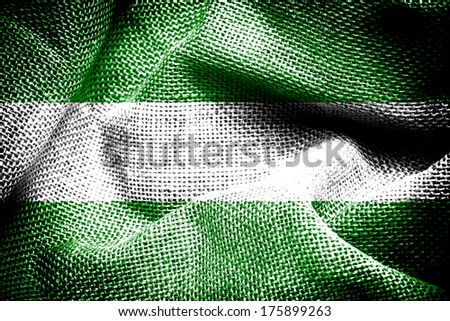 Texture of sackcloth with the image of Rotterdam City Flag.