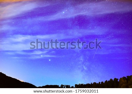 Milky Way with Jupiter, Saturn planets and Deneb, Vega stars in the night sky.