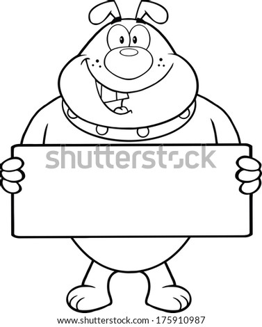 Black And White Bulldog Cartoon Mascot Character Holding A Banner. Raster Illustration Isolated on white