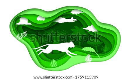 Eco Green Paper Cut Background Vector Nature Animal Clouds Forest With Cheetah