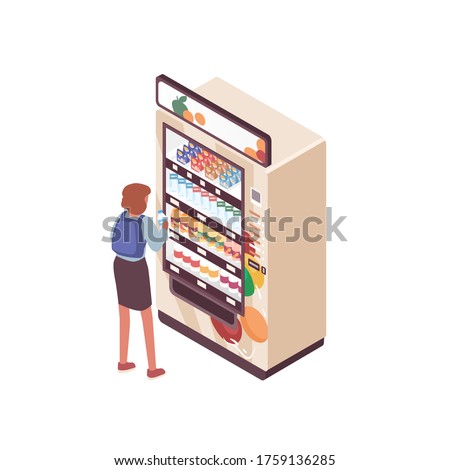 Student woman with backpack buying bottle of water in vending machine vector isometric illustration. Female use automated self service interactive kiosk with snack and beverage isolated on white