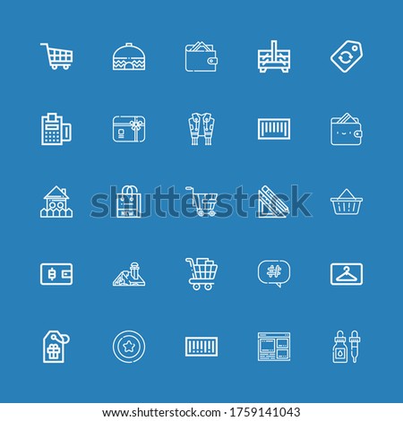 Editable 25 sale icons for web and mobile. Set of sale included icons line Ink, Web design, Barcode, Coin, Tag, Hanger, Hashtag, Shopping cart, House, Wallet on blue background