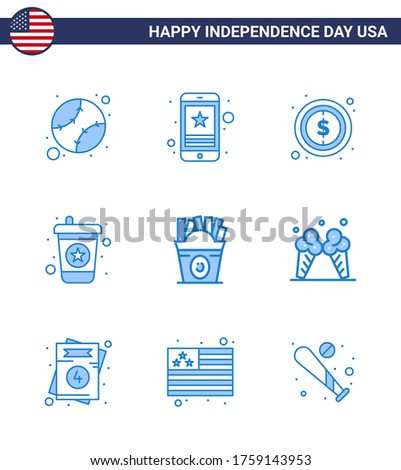 Set of 9 USA Day Icons American Symbols Independence Day Signs for fastfood; soda; phone; drink; sign Editable USA Day Vector Design Elements