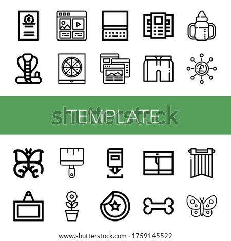 template simple icons set. Contains such icons as Cicerone, Cobra, Social media, Pizza box, Computer, Browser, Brochure, Short, Sippy cup, can be used for web, mobile and logo