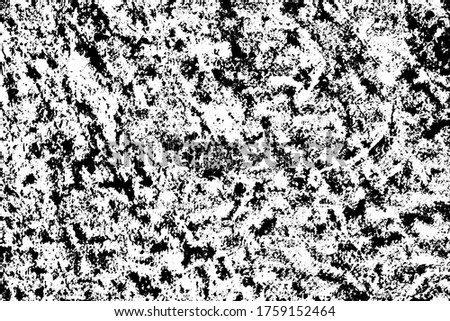 Grunge black and white urban street texture of a dirty wall. Monochrome distressing background of old damaged textile surface with spots, noise and grain. Overlay template. Vector illustration