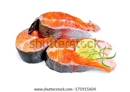 Three pieces of trout with lemon and rosemary isolated on white background