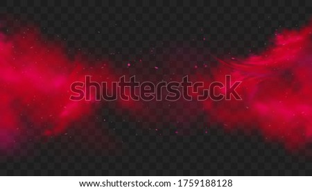 Red smoke or fog color isolated on transparent dark background. Abstract red powder explosion with particles. Colorful dust cloud explode, paint holi, mist smog effect. Realistic vector illustration.