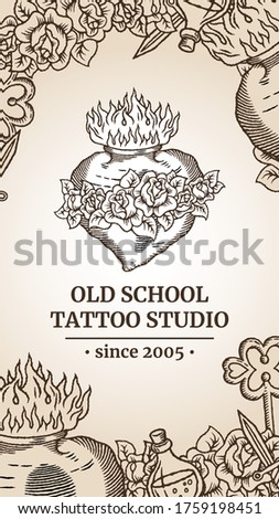 Old school tattoo social media banner with heart, flowers, bottle icon, knife, key with header in classic brown and beige retro style